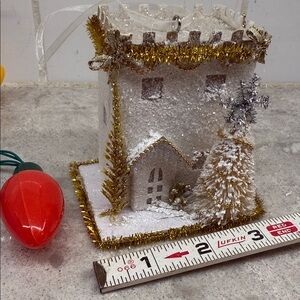 Miniature Tiny Glitter Putz House Ornament, Gold accents, tree 3.5”x2.5”x3.5”